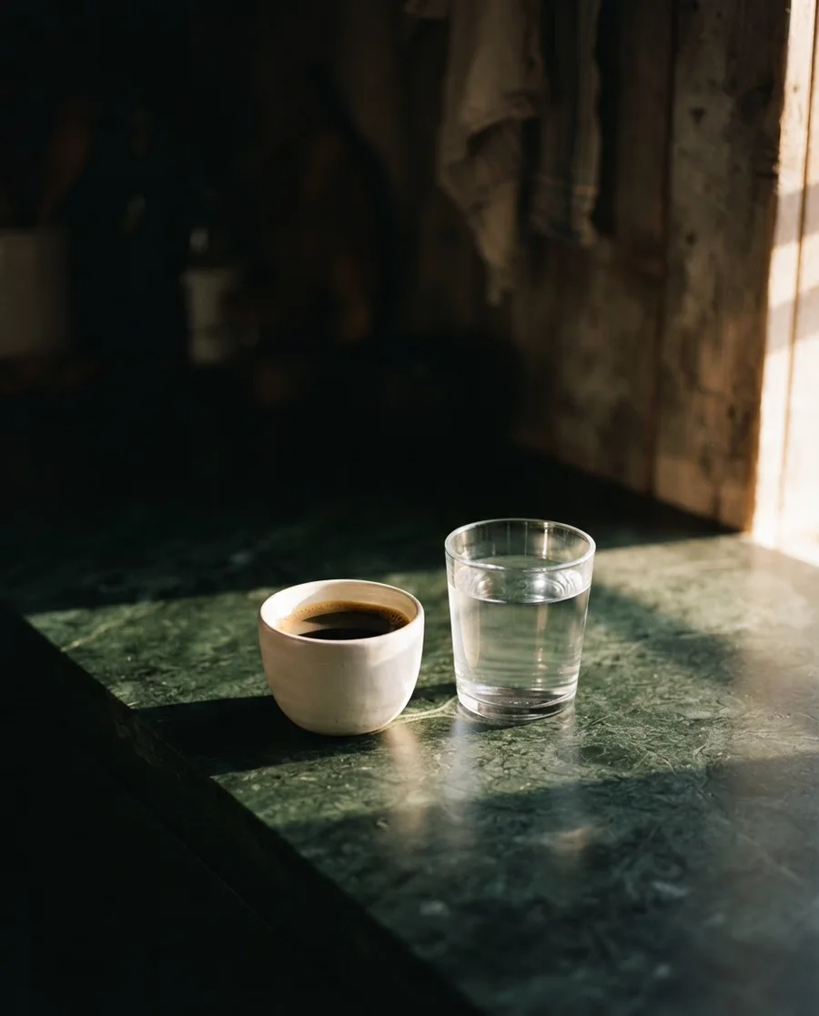 Copo de água e xícara de café sobre pedra verde na luz da manhã